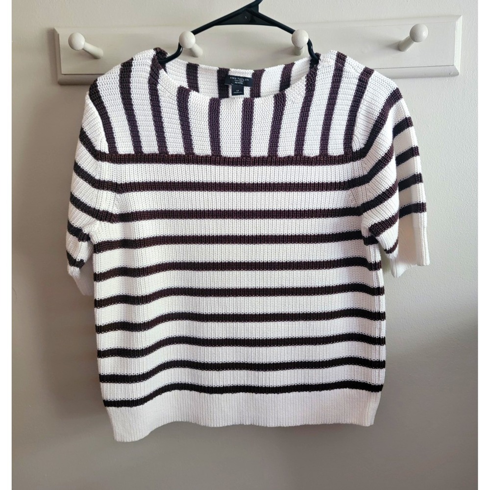 Ann Taylor Factory Striped Sweater PL Petite Cotton S/S Crewneck Chunky Brown